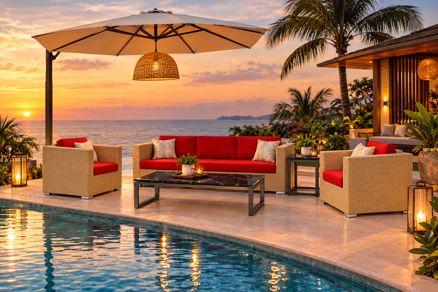 Sunset Wicker Lounge by the Infinity Pool Sunset Wicker Lounge by the Infinity Pool