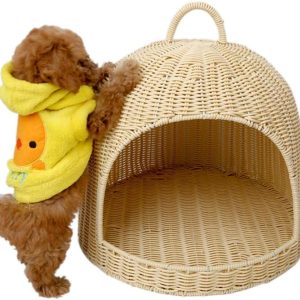 Wicker Cat Bed Washable PE Rattan Modern Small Animal House Basket Portable Dome Cat Carrier Indoor Outdoor