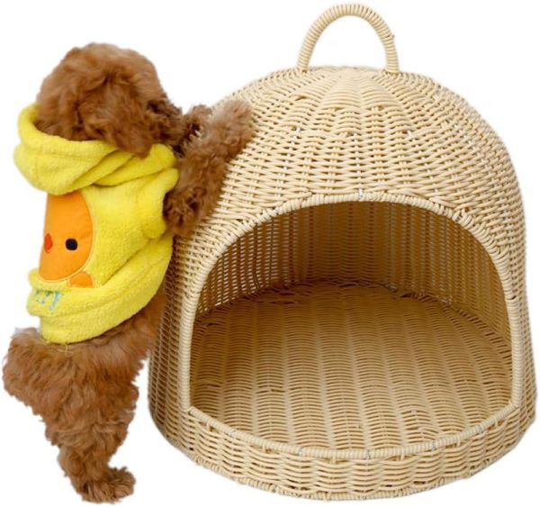 Wicker Cat Bed Washable PE Rattan Modern Small Animal House Basket Portable Dome Cat Carrier Indoor Outdoor