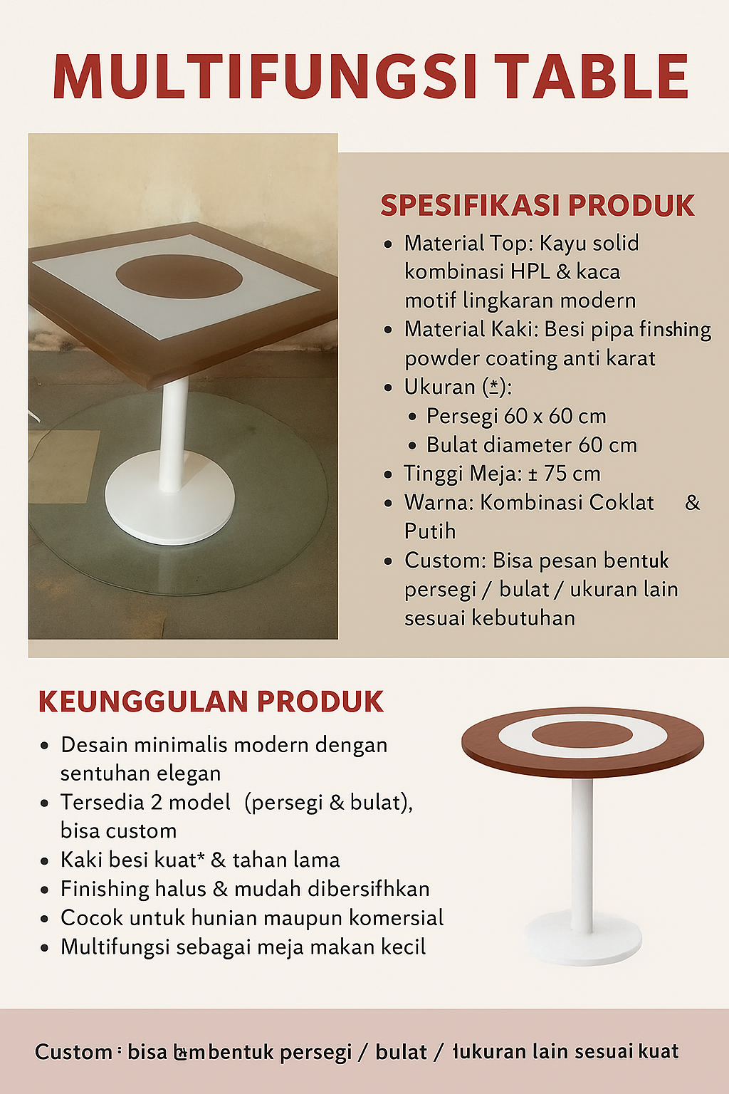 Meja Café Kayu & Besi Minimalis – Custom Persegi / Bulat Meja Café Kayu & Besi Minimalis – Custom Persegi / Bulat