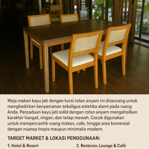 Meja Makan Kayu Jati Minimalis dengan Kursi Rotan Anyam Modern