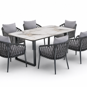 Botok Pati Outdoor Aluminum Modern Chair Marble-Top Dining Set