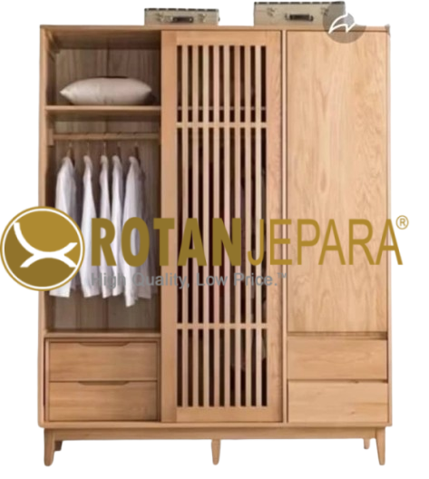 Lemari Pakaian Kayu Jati 3 Pintu Geser – Slatted Classic Wardrobe