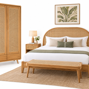 Modern Teak and Rattan Bedroom Set