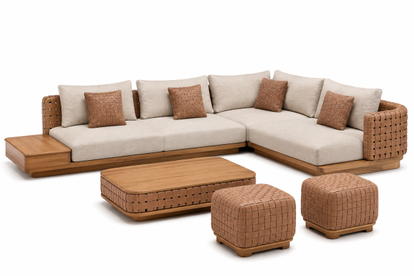 Woven Leather Original Wood and Beige Modular Sofa Set