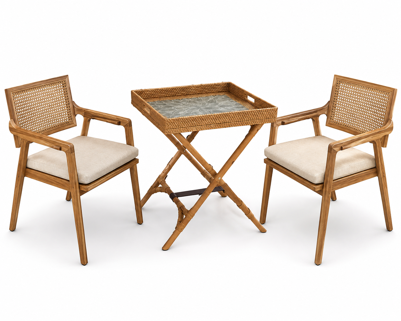 Meja Lipat Rotan dengan Nampan Anyaman – Folding Rattan Tray Table
