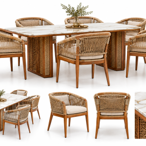 LUXURY WOVEN TEAK MARBLE DINING SET