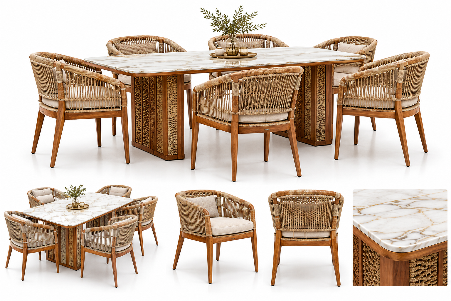 LUXURY WOVEN TEAK MARBLE DINING SET